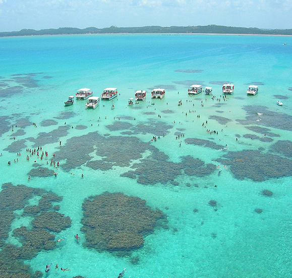 Vista aérea dos corais de Maragogi, um destino popular entre resorts no Brasil, com águas cristalinas e beleza natural.